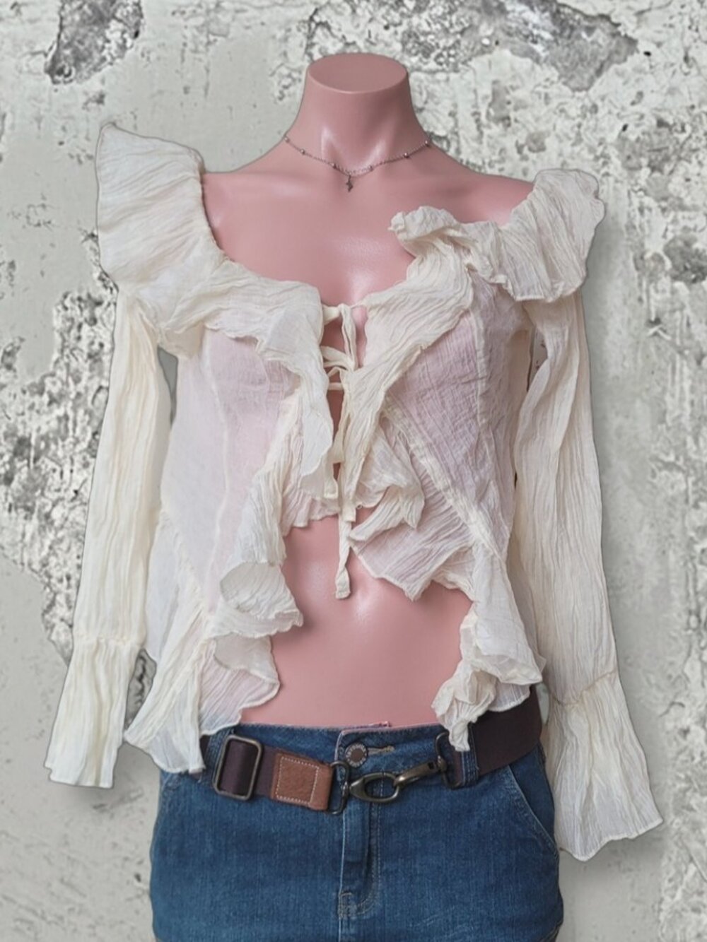 Ruffle Tie-Front Bow Lyocell Blend Blouse (M)